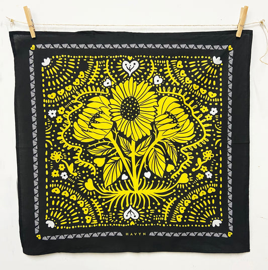 Sun Flower Bandana | 100% Cotton | Hand Screen Printed | 22 x22 inches | All-Over Print Bandana