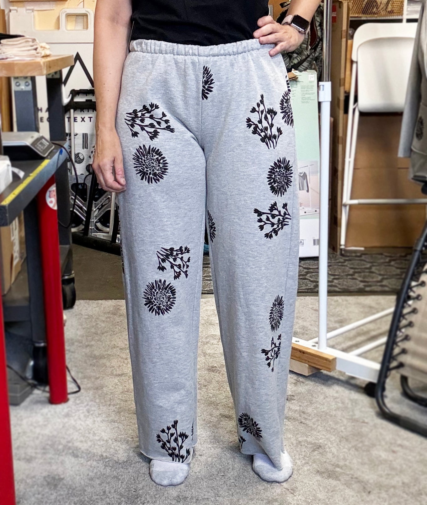 One of a Kind Hand Printed Flowers Sweat Pants - Full Length
