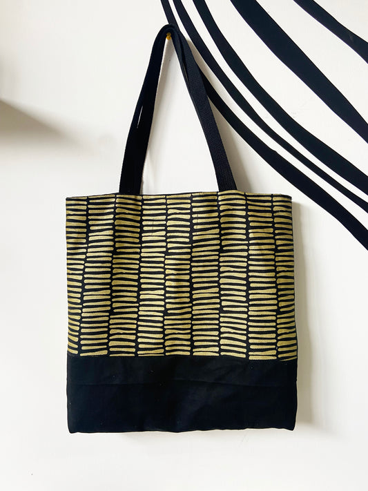 One of a Kind Tote Bag | Hand Made and Printed | Black, Blue, Yellow, Gold - 01
