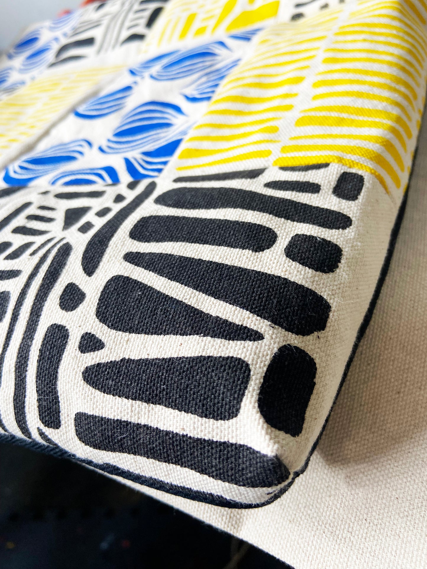 One of a Kind Tote Bag | Hand Made and Printed | Black, Blue, Yellow, Gold - 01