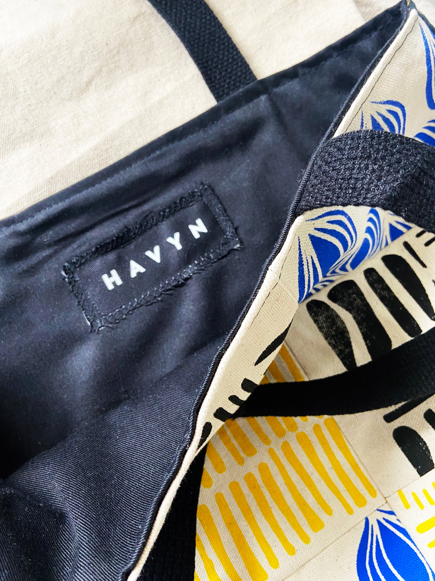 One of a Kind Tote Bag | Hand Made and Printed | Black, Blue, Yellow, Gold - 01