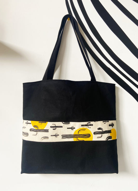 One of a Kind Tote Bag | Hand Made and Printed | Cactus Yellow Black - 02
