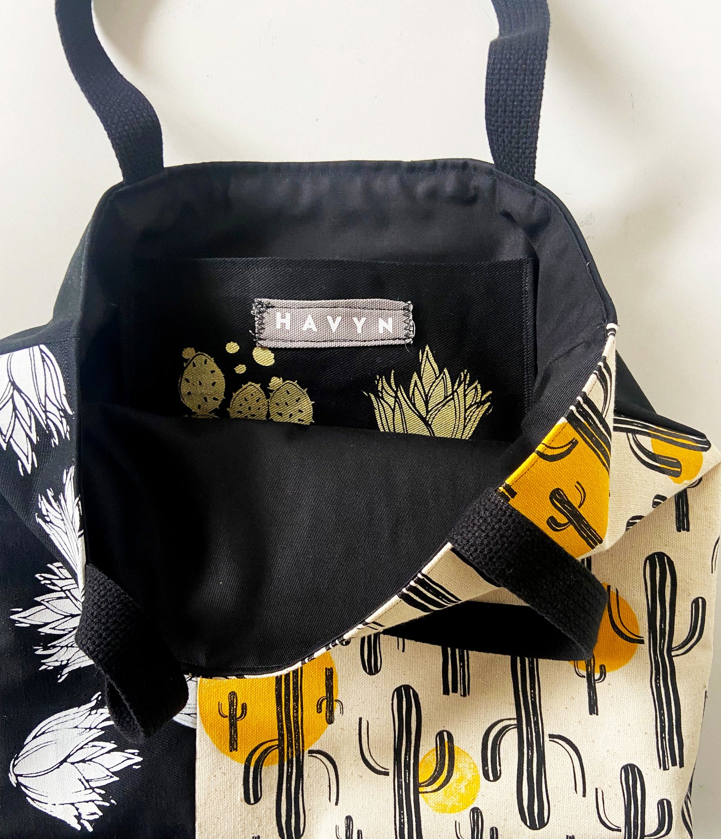 One of a Kind Tote Bag | Hand Made and Printed | Cactus Yellow Black - 02