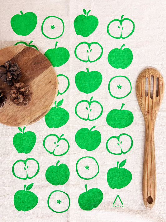 Apples Green Hand Printed Organic Tea Towel