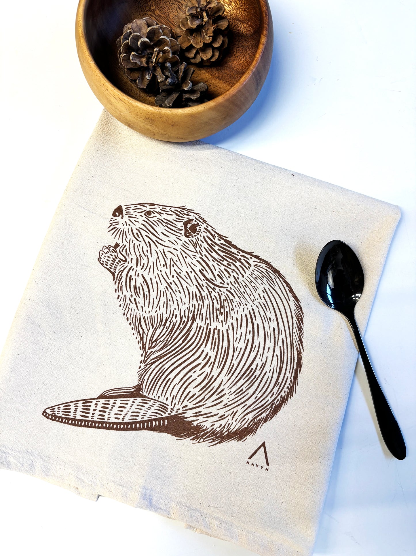 Beaver Hand Printed Organic Tea Towel