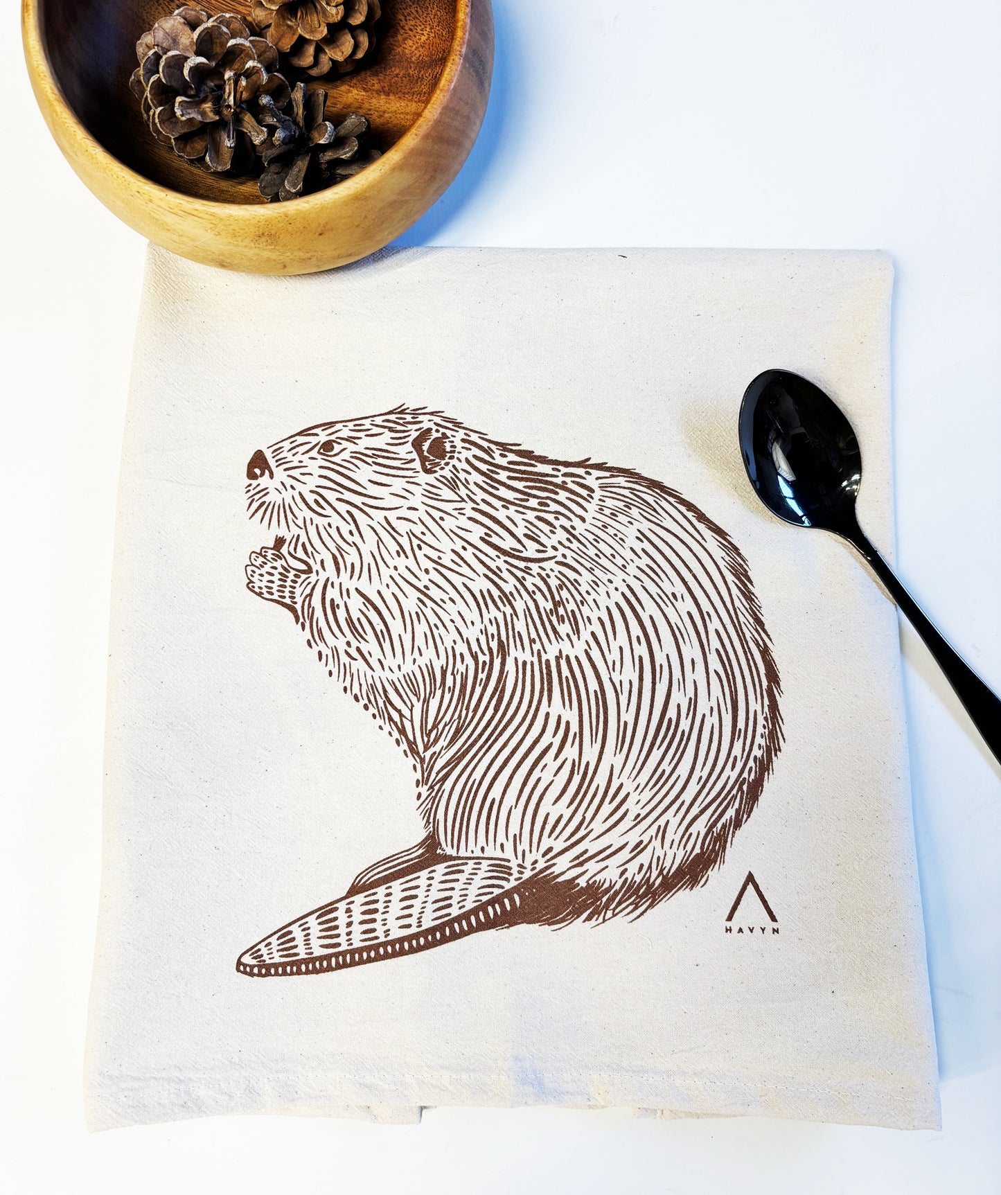 Beaver Hand Printed Organic Tea Towel