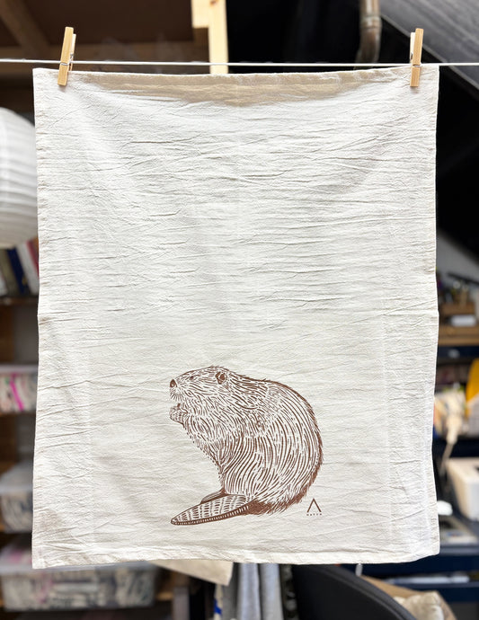 Beaver Hand Printed Organic Tea Towel