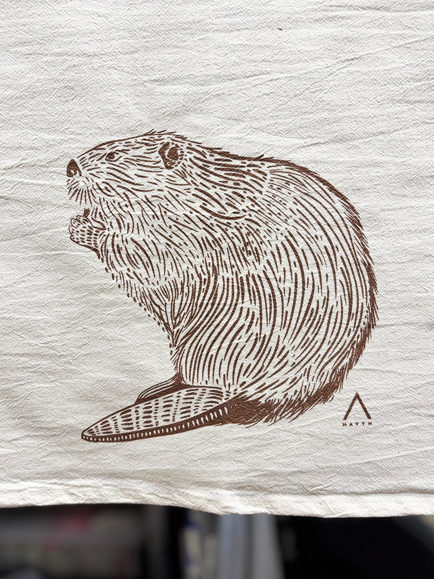 Beaver Hand Printed Organic Tea Towel
