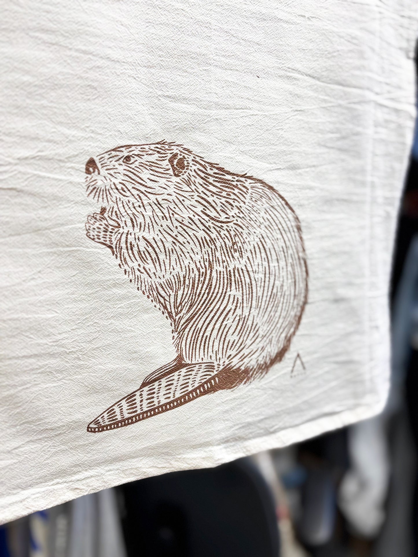 Beaver Hand Printed Organic Tea Towel