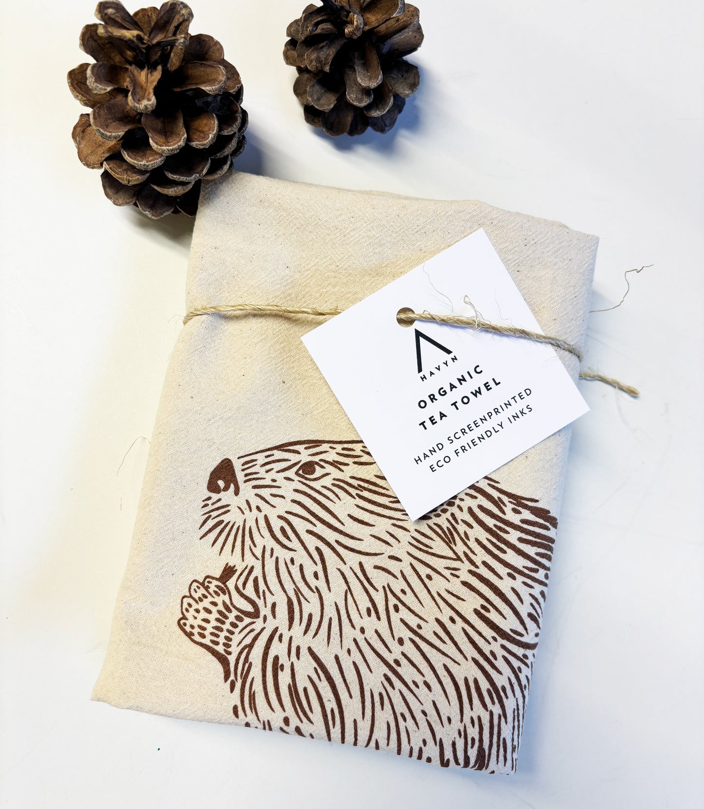 Beaver Hand Printed Organic Tea Towel