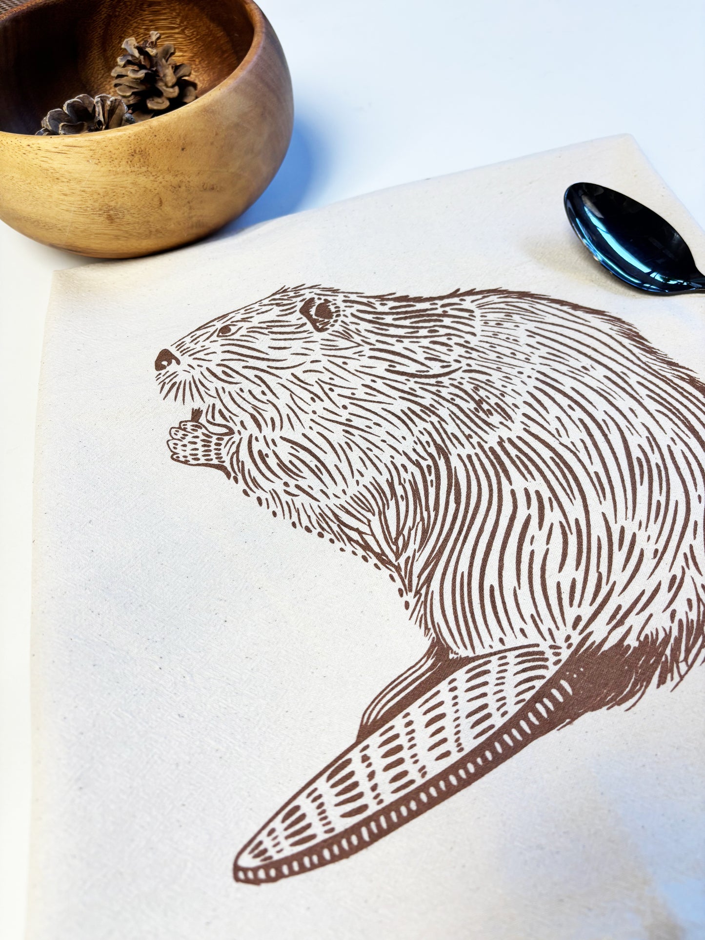 Beaver Hand Printed Organic Tea Towel