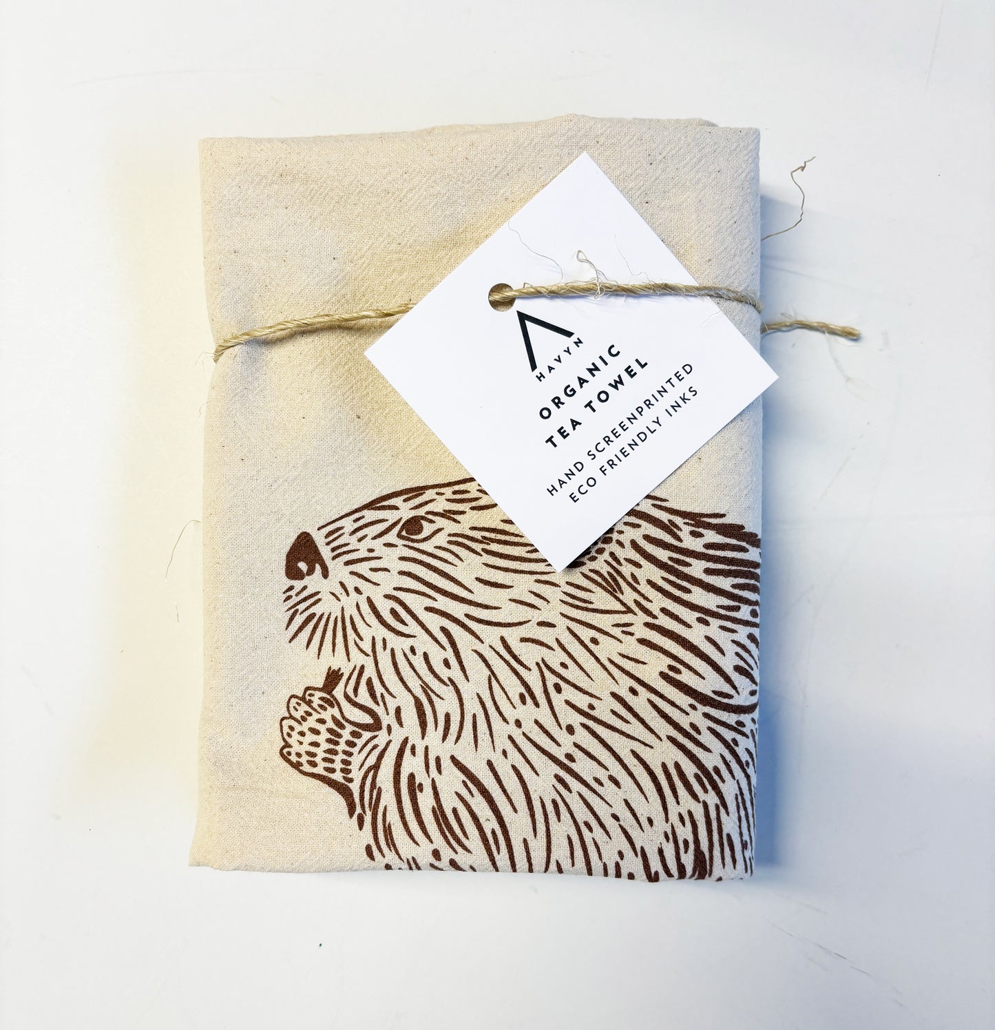 Beaver Hand Printed Organic Tea Towel