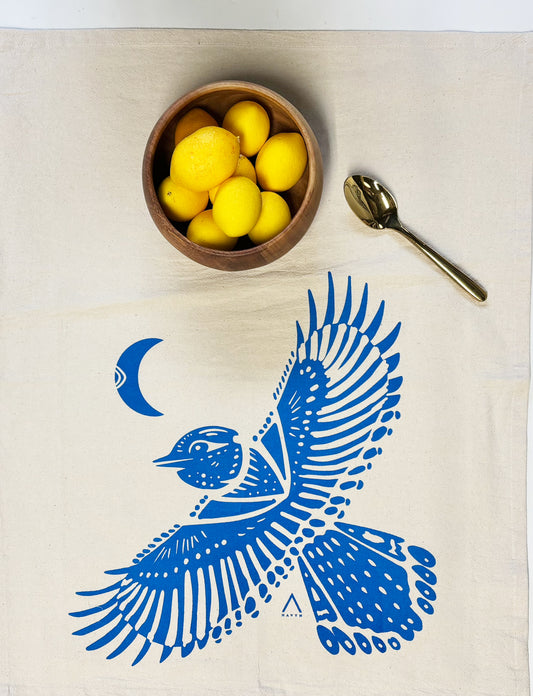 Blue Jay Blue Bird Hand Printed Organic Tea Towel