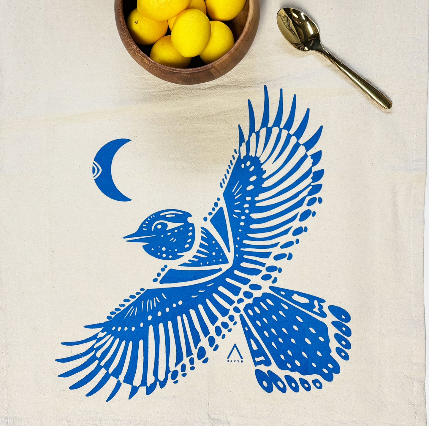 Blue Jay Blue Bird Hand Printed Organic Tea Towel