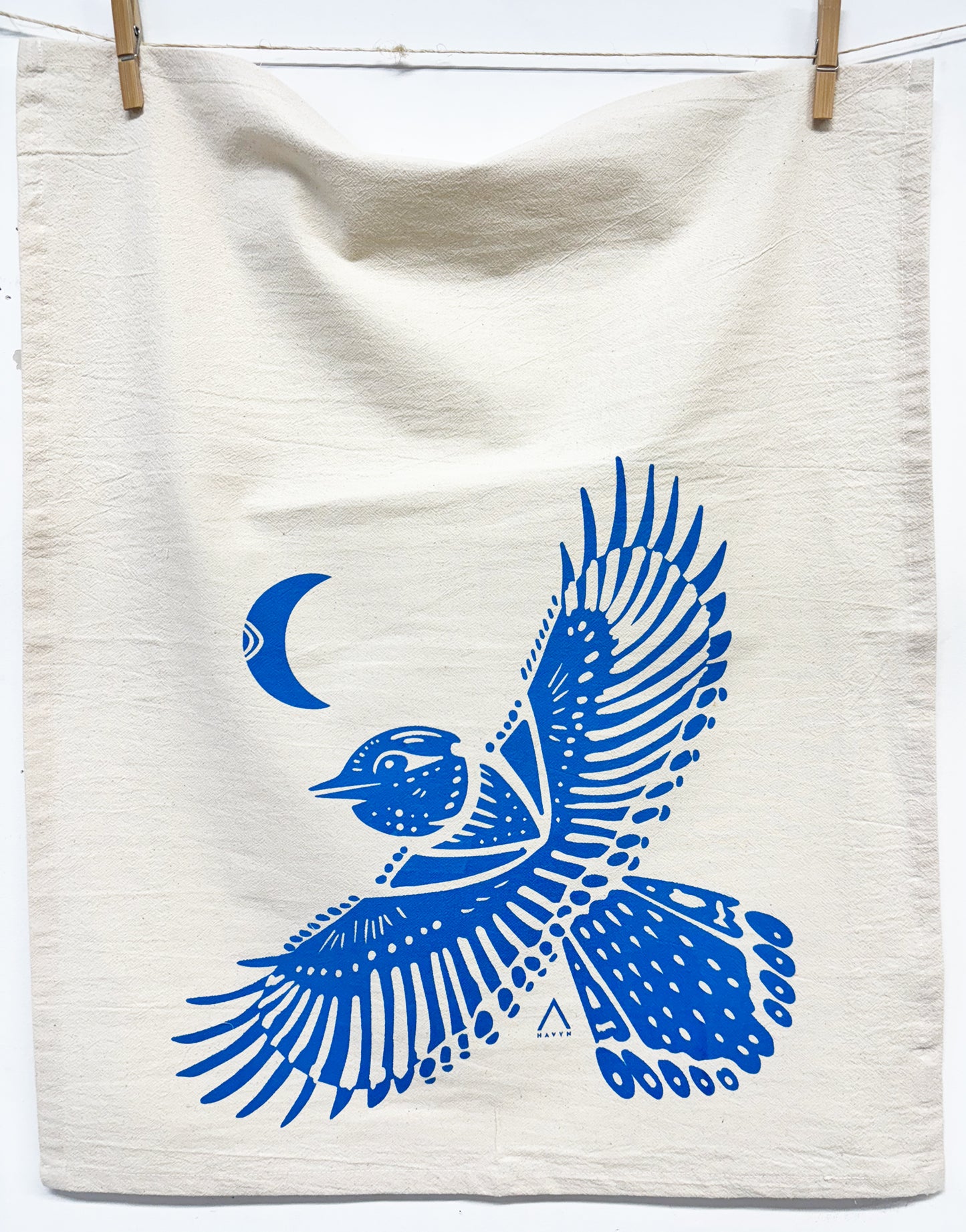 Blue Jay Blue Bird Hand Printed Organic Tea Towel