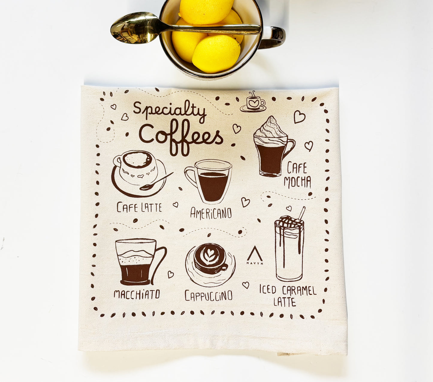 Specialty Coffees Hand Printed Organic Tea Towel