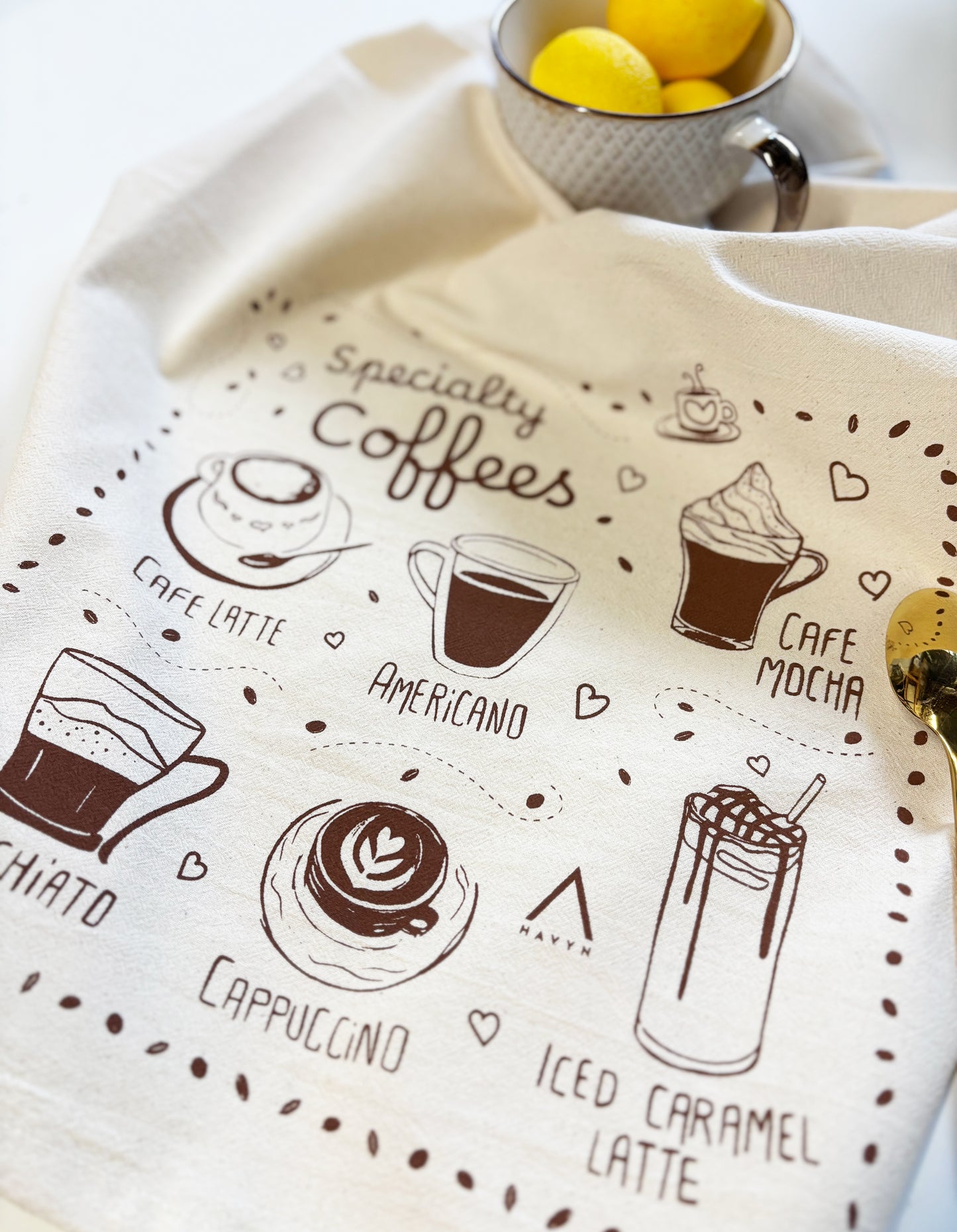 Specialty Coffees Hand Printed Organic Tea Towel
