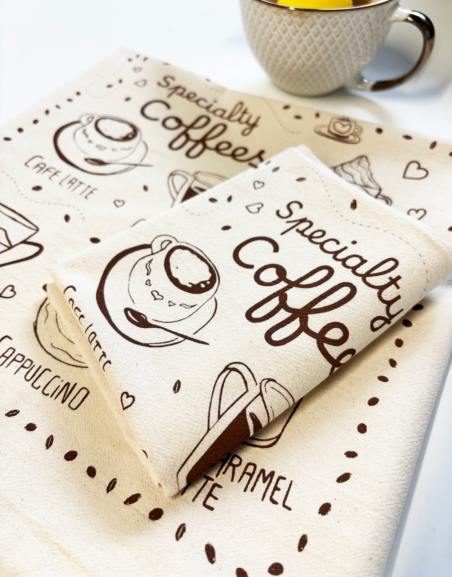 Specialty Coffees Hand Printed Organic Tea Towel