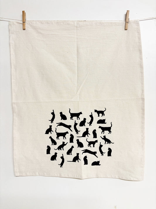 Cats Hand Printed Organic Tea Towel - Black