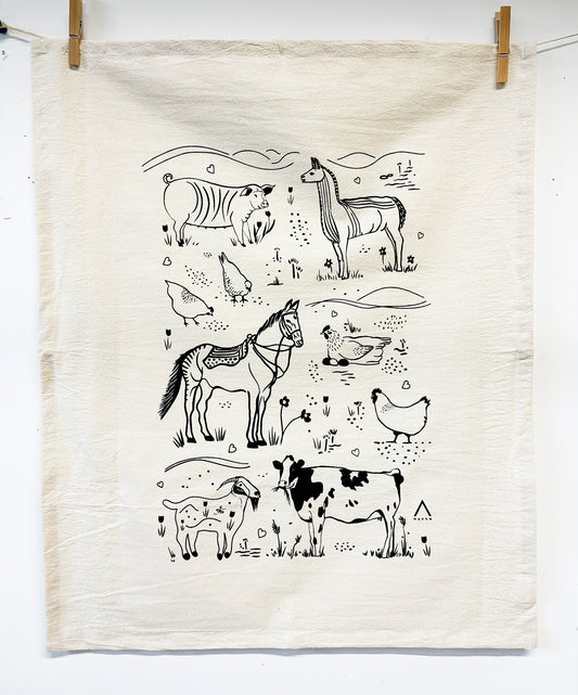 Farm Animals Hand Printed Organic Tea Towel