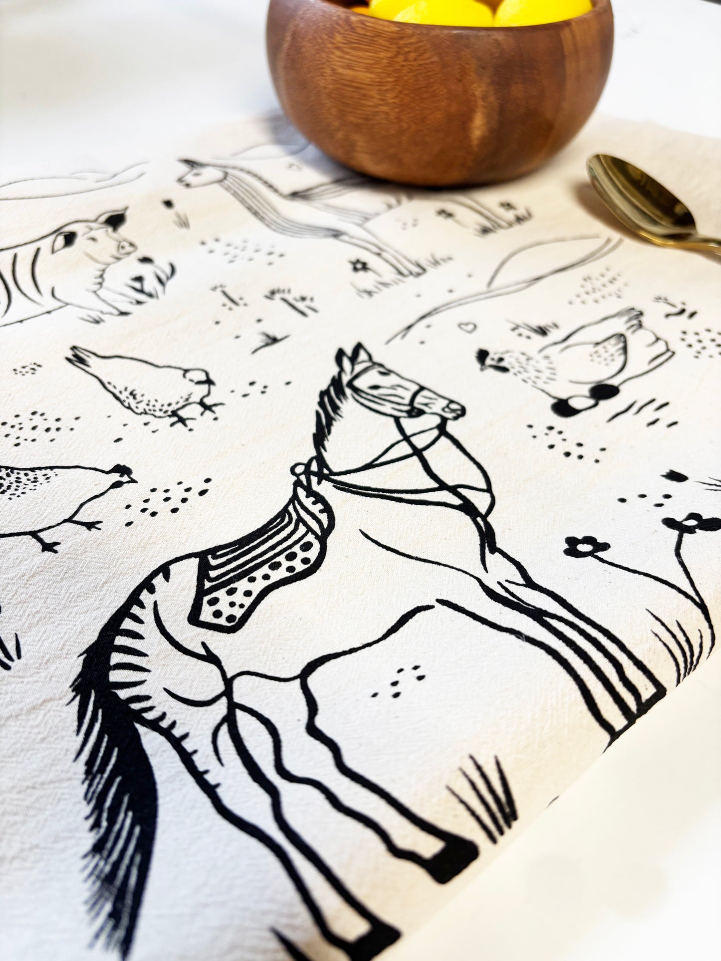 Farm Animals Hand Printed Organic Tea Towel