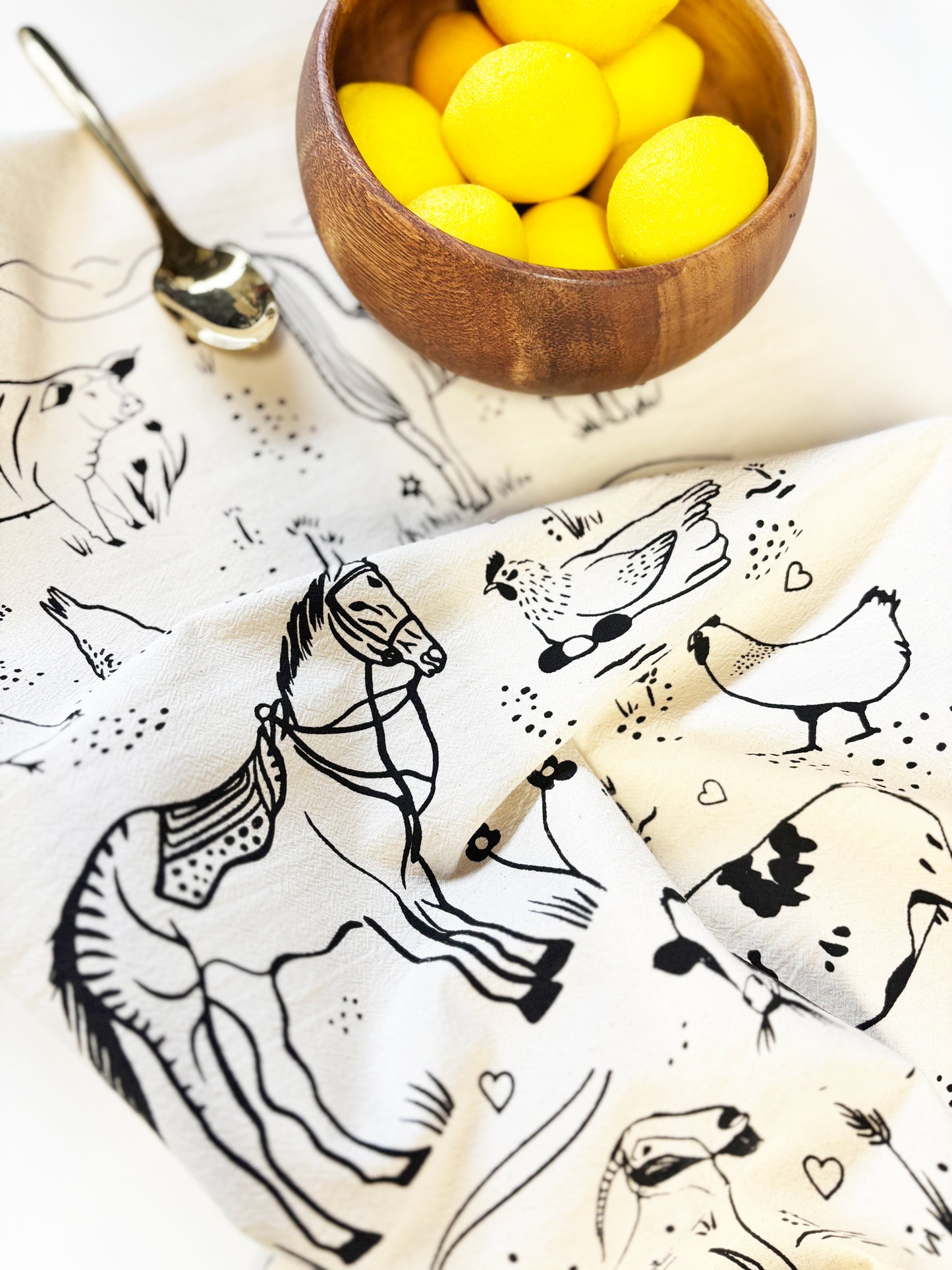 Farm Animals Hand Printed Organic Tea Towel