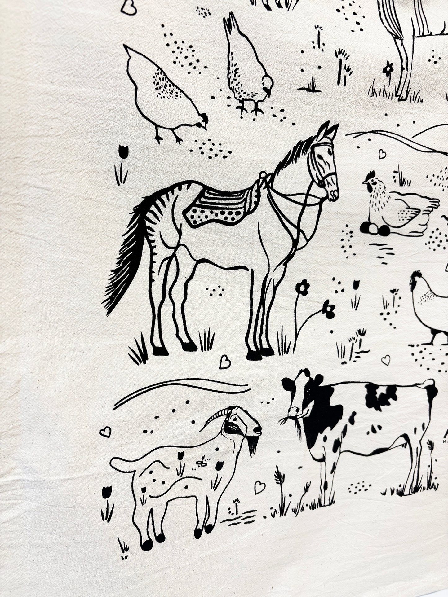 Farm Animals Hand Printed Organic Tea Towel