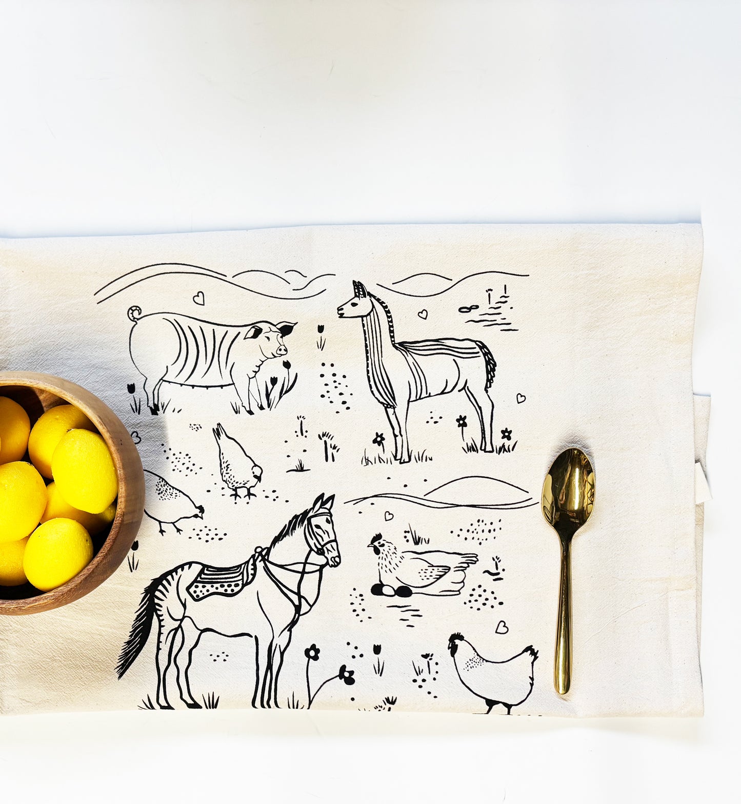 Farm Animals Hand Printed Organic Tea Towel