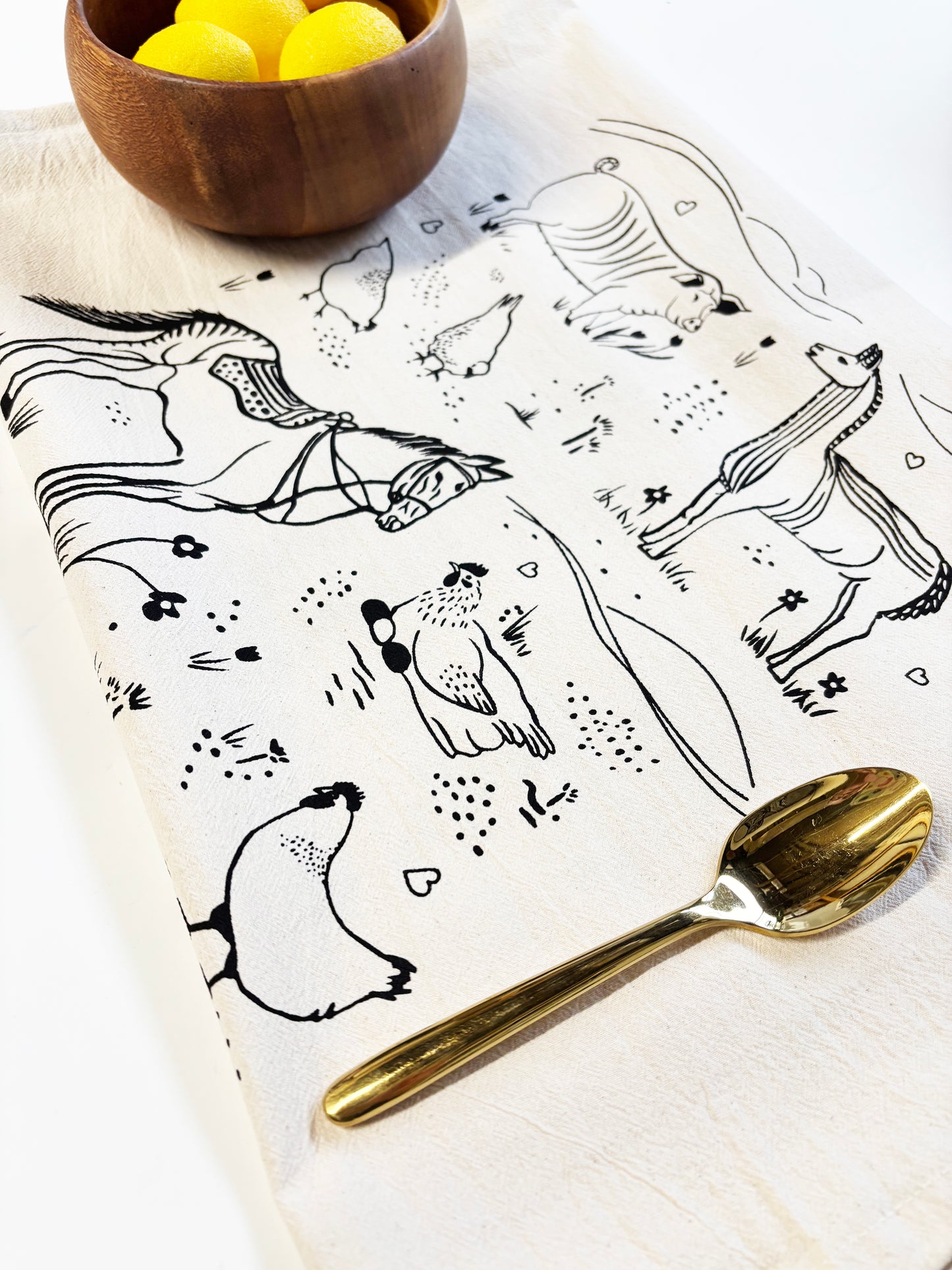 Farm Animals Hand Printed Organic Tea Towel