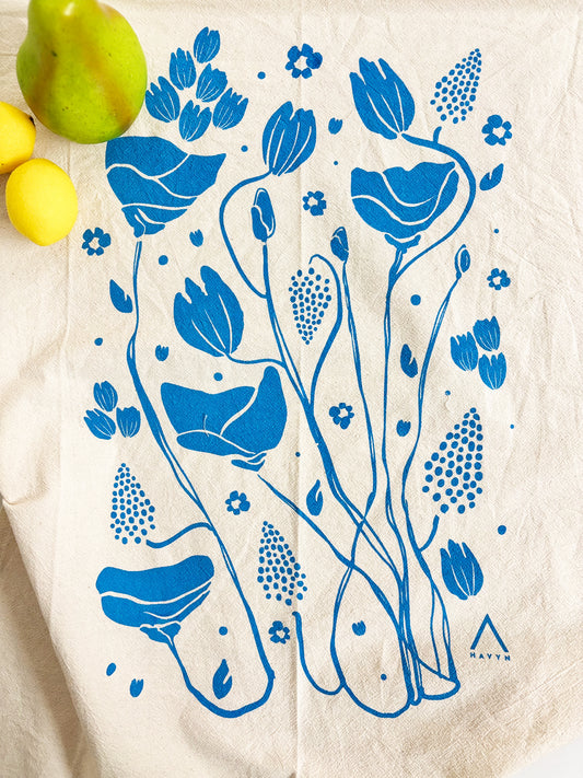 Organic Tea Towel | Blue Mack Flowers | Hand Printed