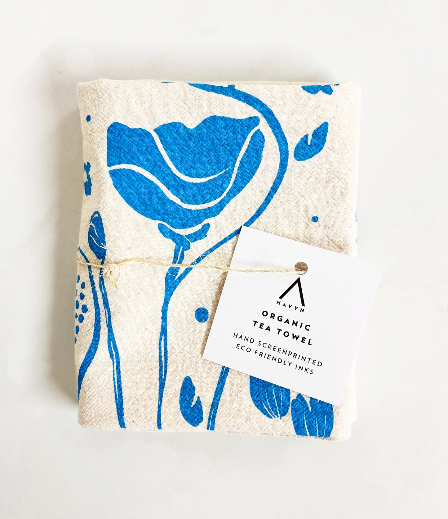 Organic Tea Towel | Blue Mack Flowers | Hand Printed