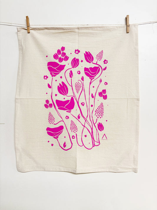 Organic Tea Towel | Pink Mack Flowers | Hand Printed