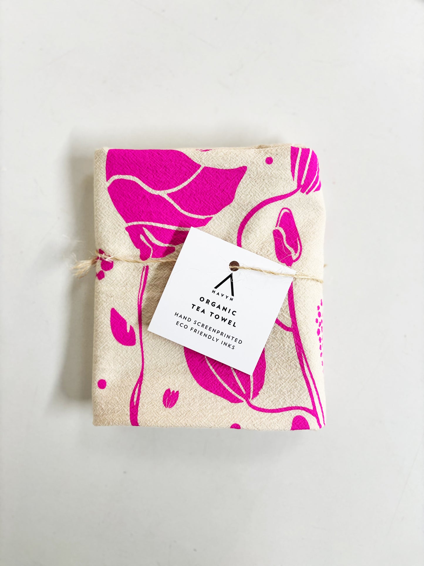 Organic Tea Towel | Pink Mack Flowers | Hand Printed