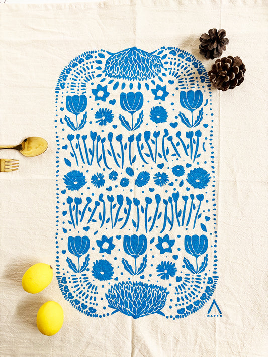 Organic Tea Towel | Blue Ukraine Flowers | Hand Printed