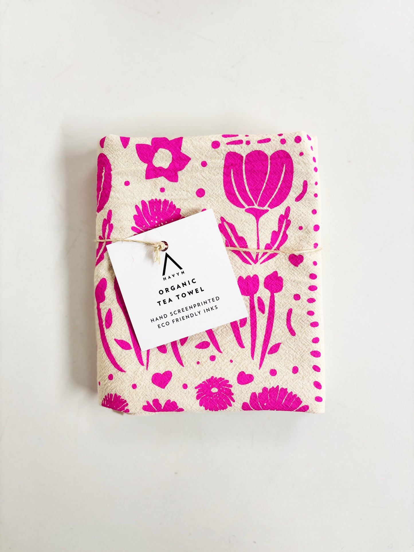 Organic Tea Towel | Pink Ukraine Flowers | Hand Printed