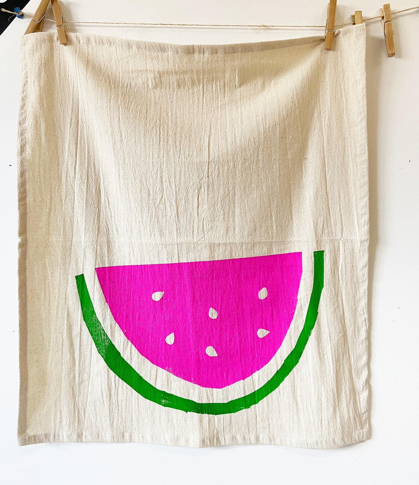 Watermelon Hand Printed Organic Tea Towel - Pink and Green