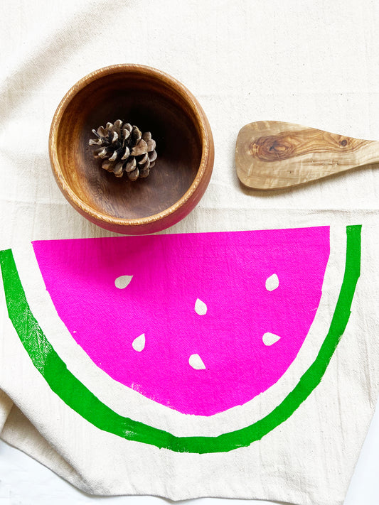 Watermelon Hand Printed Organic Tea Towel - Pink and Green