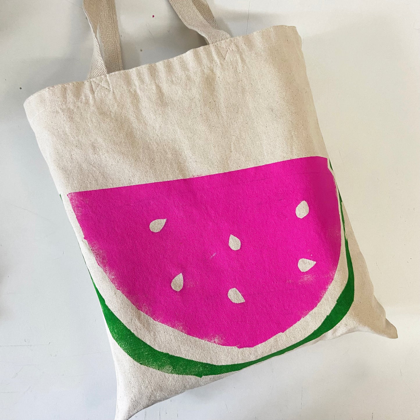 Watermelon Hand Printed Every Day Cotton Tote - Pink and Green