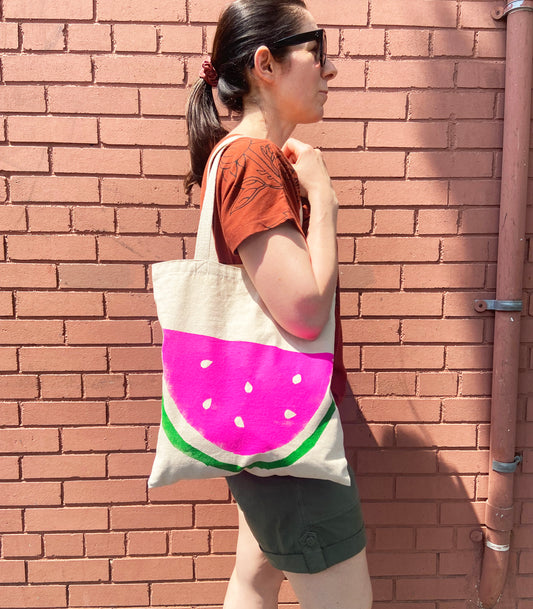 Watermelon Hand Printed Every Day Cotton Tote - Pink and Green