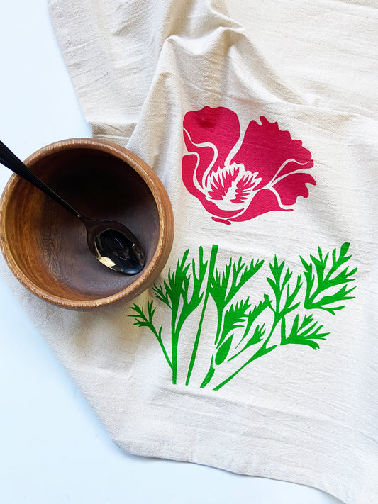 Poppy Flower Hand Printed Organic Tea Towel - Red and Green