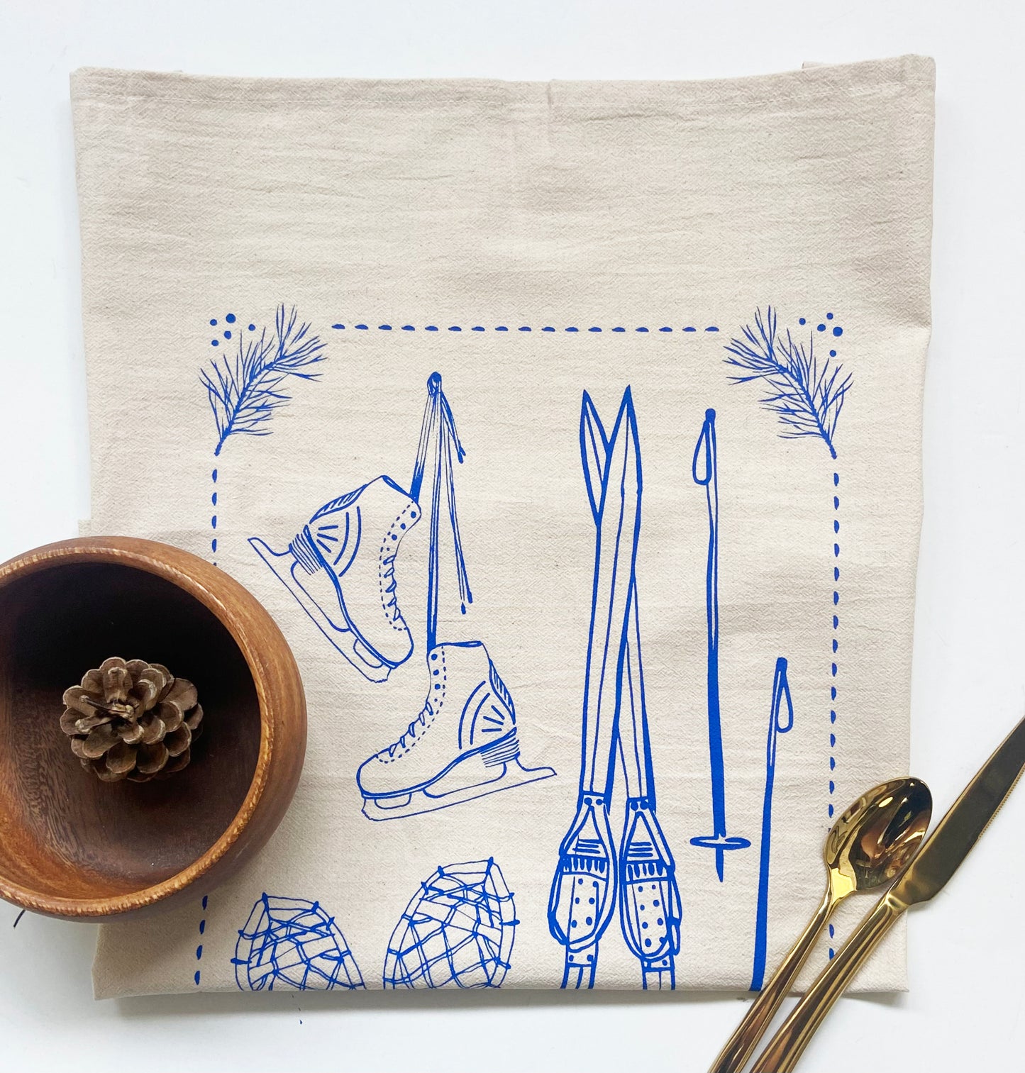 Snow Sports Holiday Christmas Blue Hand Printed Organic Tea Towel