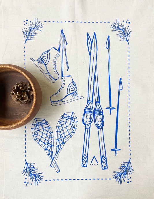 Snow Sports Holiday Christmas Blue Hand Printed Organic Tea Towel