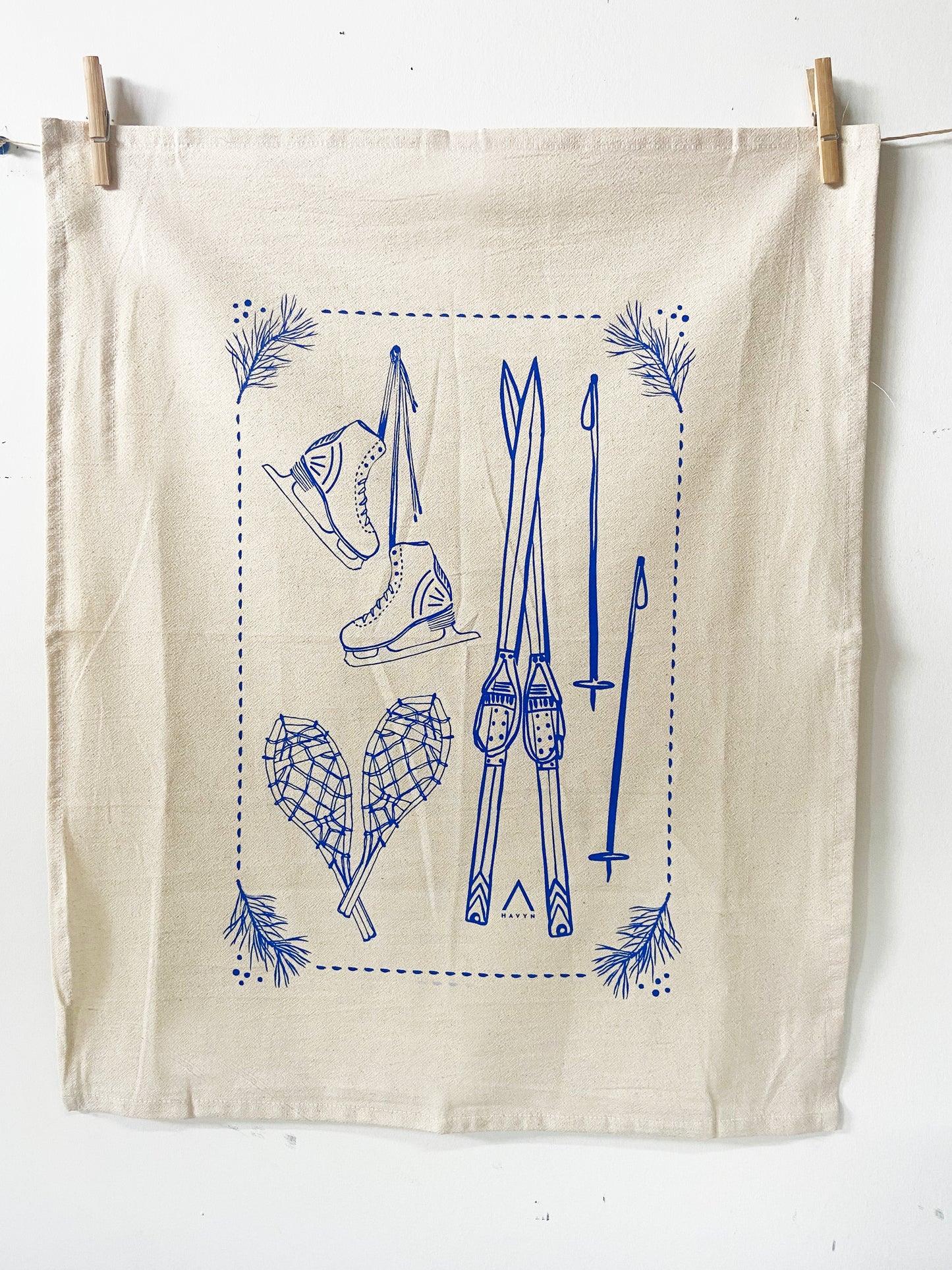 Snow Sports Holiday Christmas Blue Hand Printed Organic Tea Towel