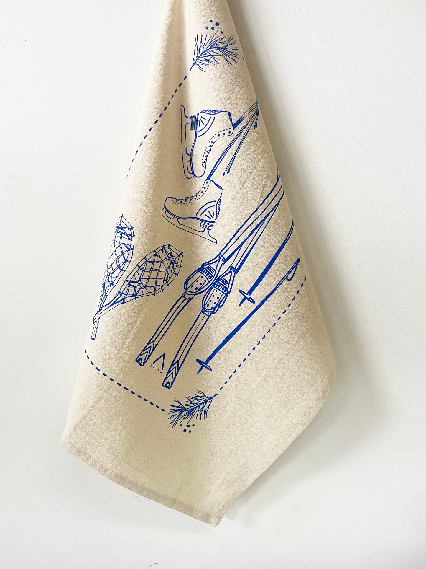 Snow Sports Holiday Christmas Blue Hand Printed Organic Tea Towel