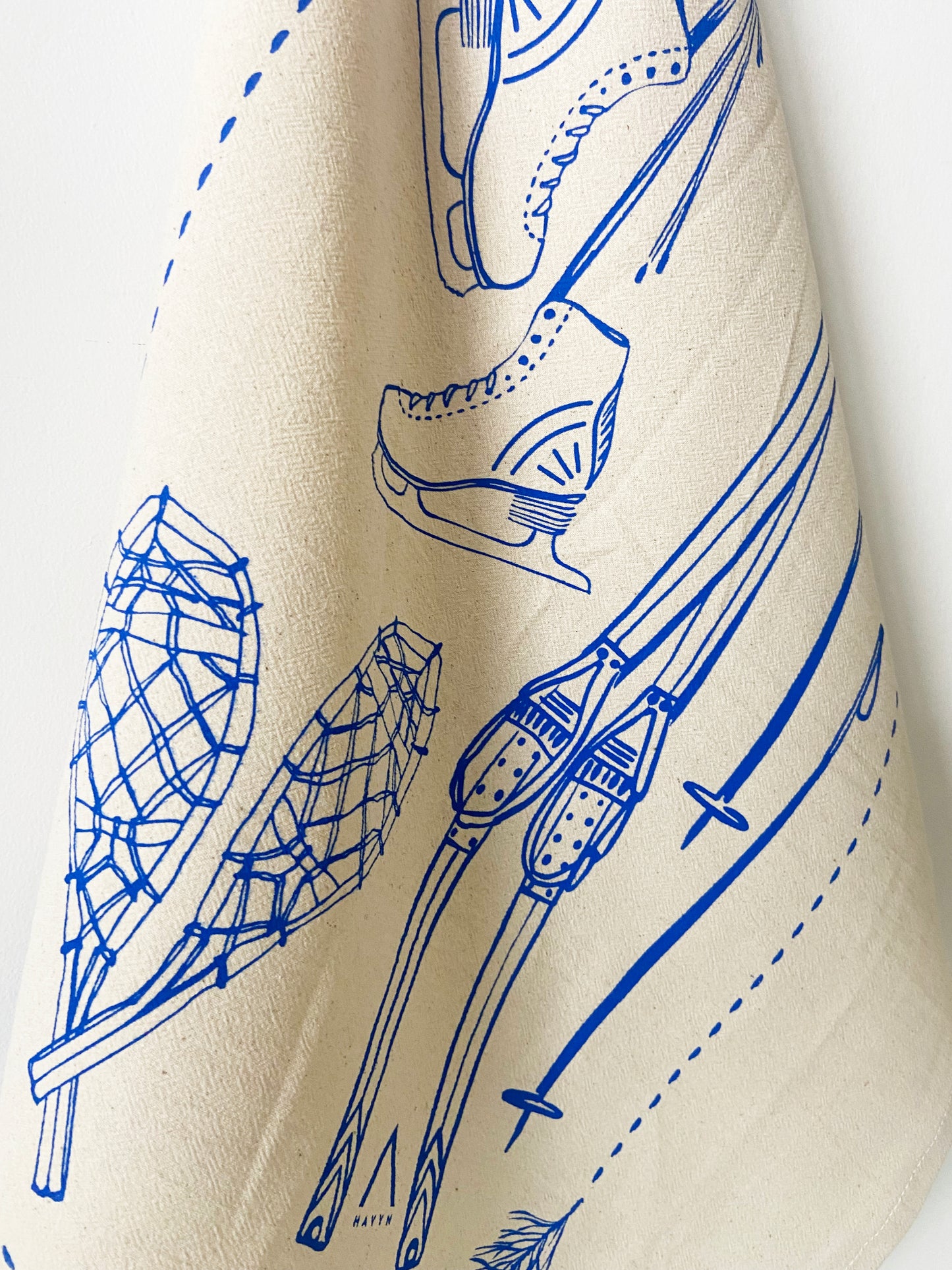 Snow Sports Holiday Christmas Blue Hand Printed Organic Tea Towel