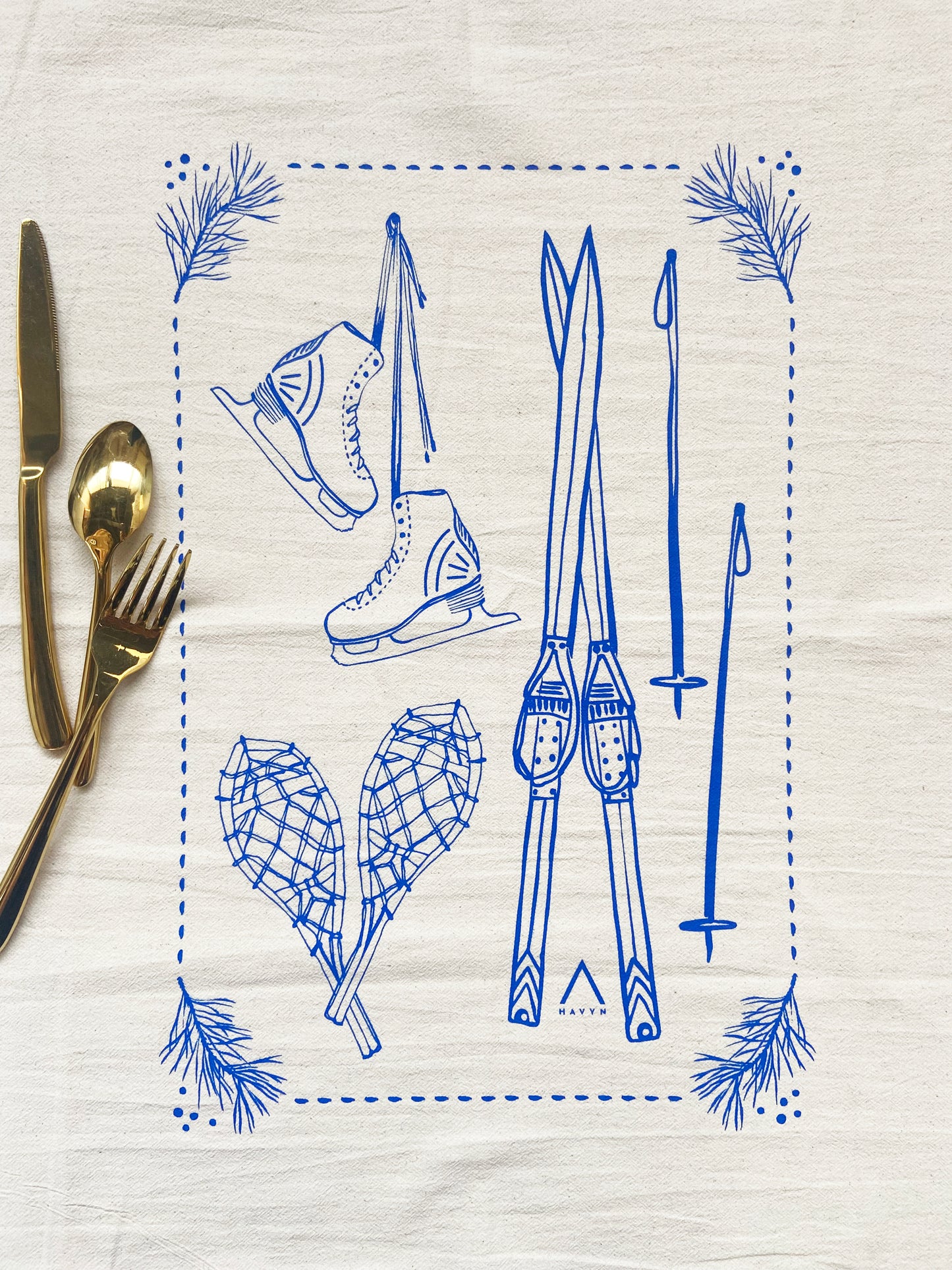 Snow Sports Holiday Christmas Blue Hand Printed Organic Tea Towel