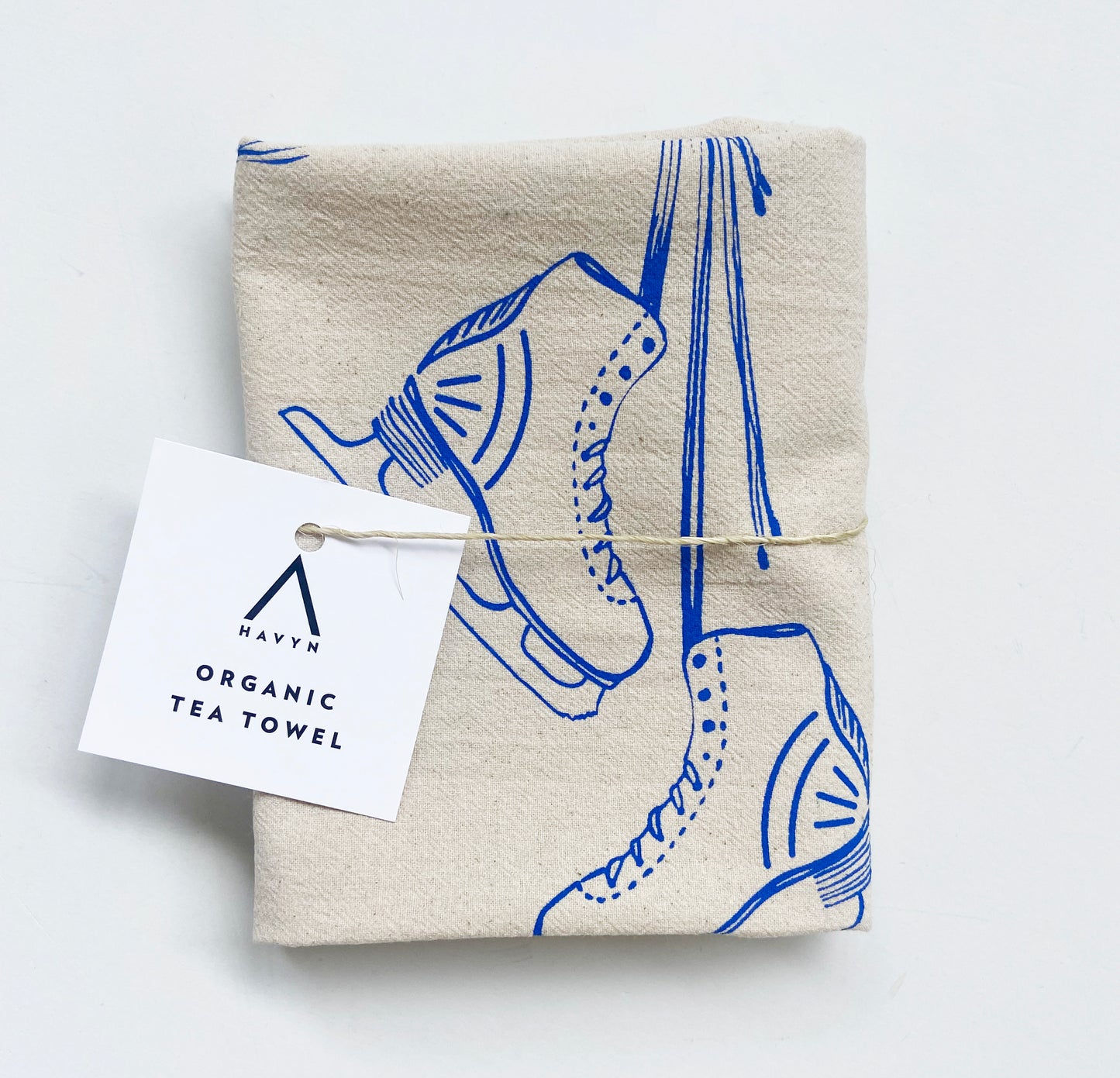 Snow Sports Holiday Christmas Blue Hand Printed Organic Tea Towel