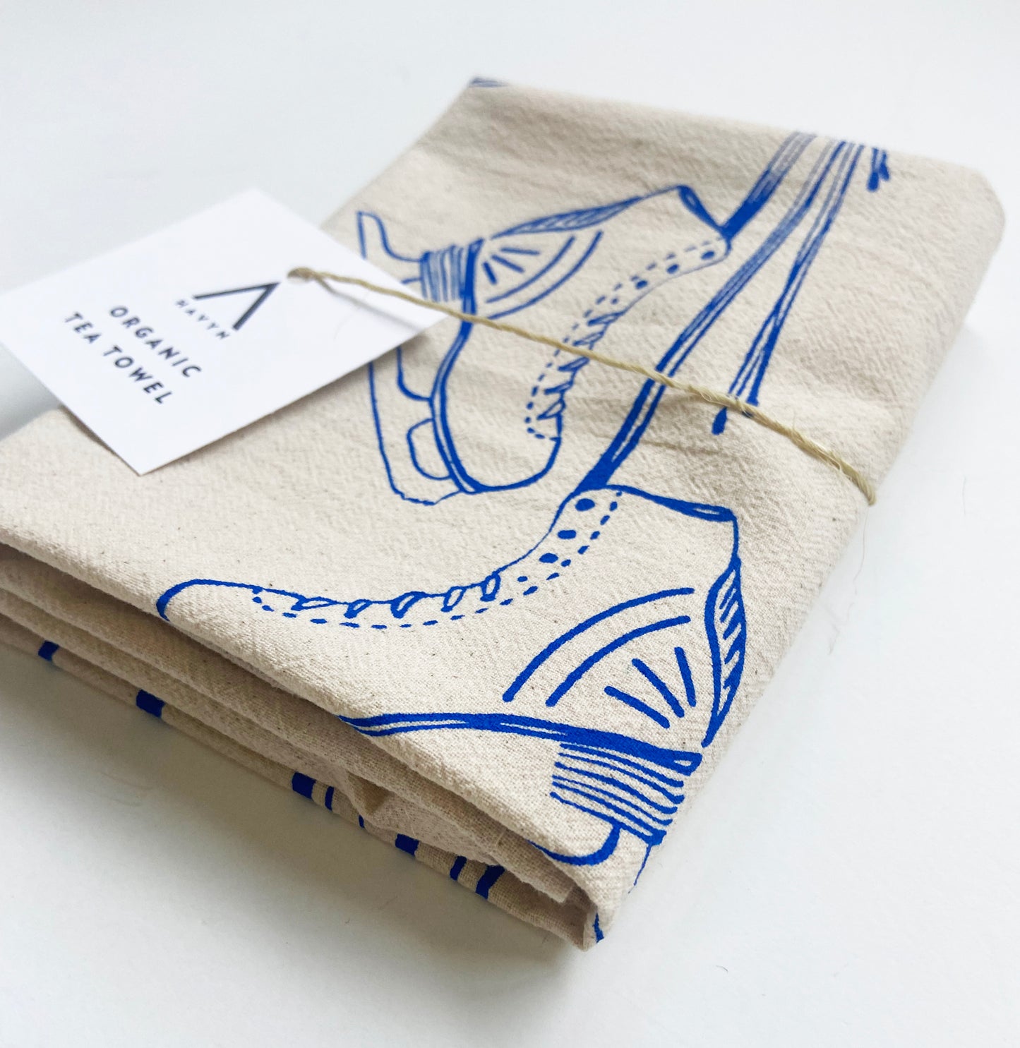 Snow Sports Holiday Christmas Blue Hand Printed Organic Tea Towel