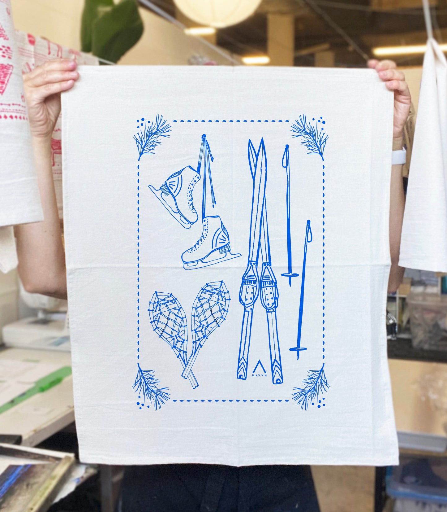 Snow Sports Holiday Christmas Blue Hand Printed Organic Tea Towel
