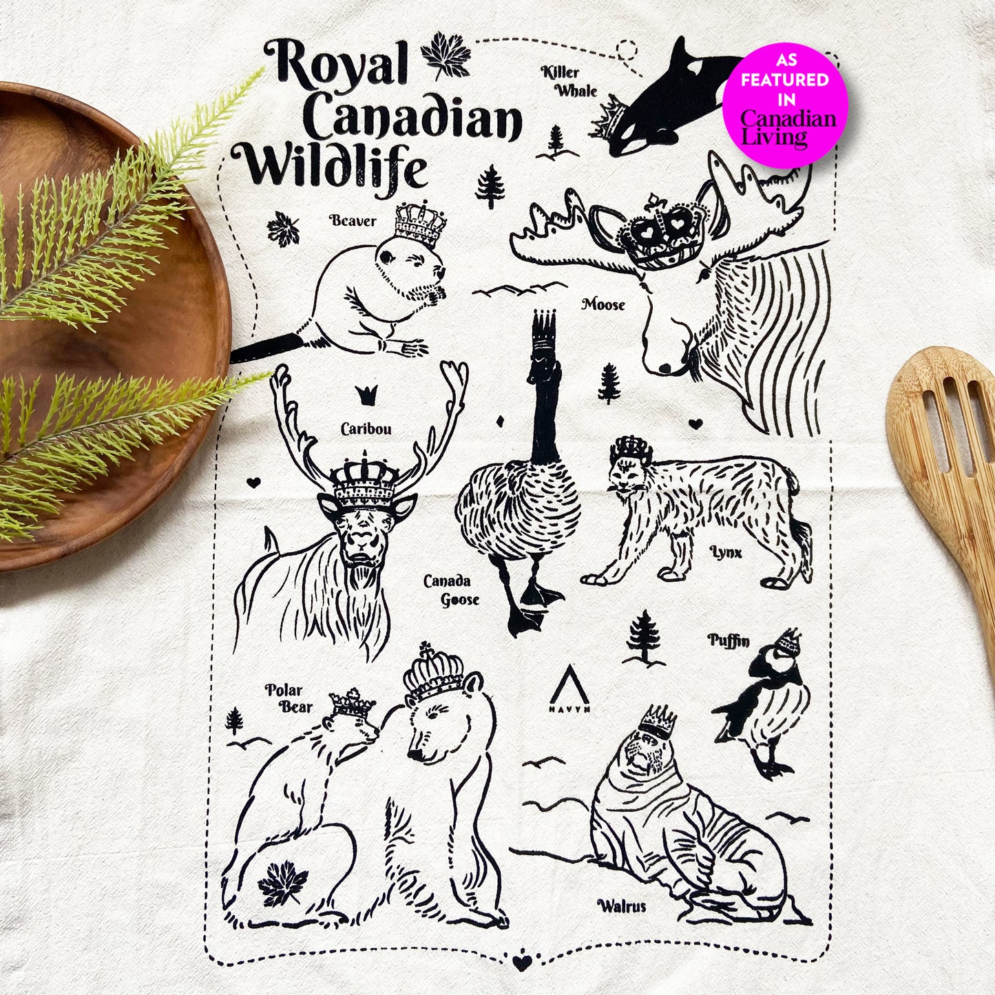 Royal Canadian Wildlife Hand Printed Organic Tea Towel - Blue or Black